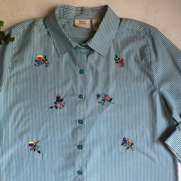 Baxter & Wells birdhouse embroidery button-up 3/4 sleeve blouse - size large - Picture 8 of 16